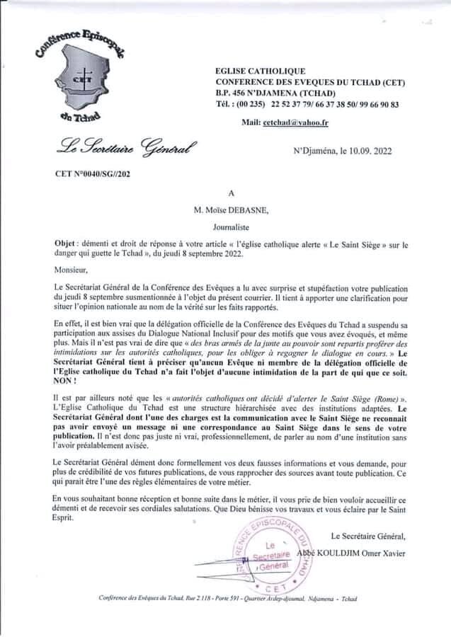 Démenti formel de la conférence des évêques du Tchad à MOISE DABESNE.